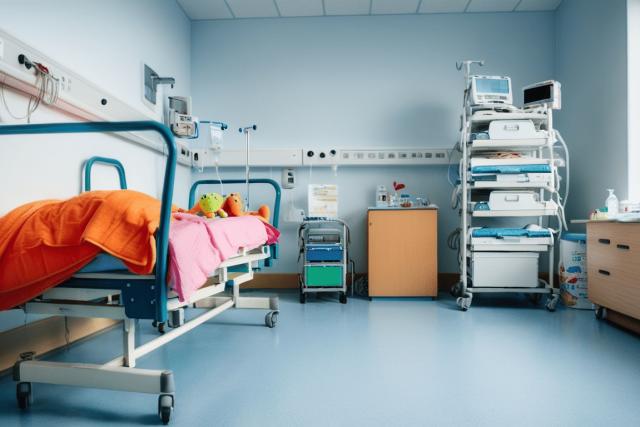 A pediatric hospital room with a small hospital bed surrounded by child-friendly elements like colorful blankets or toys. In the background, medical equipment suitable for pediatric care, such as IV stands or monitoring devices, subtly emphasizes the seriousness of conditions like meningitis without showing people.