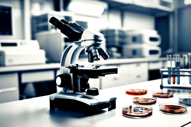 A clinical setting focused on a diagnostic area with a microscope, petri dishes, and medical test tubes neatly arranged on a sterile counter