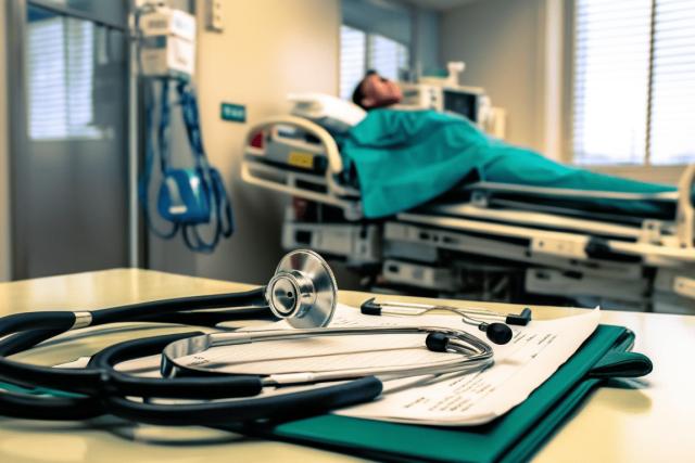 A quiet emergency room setting focused on a handoff scenario, with a clipboard, stethoscope, and a patient's medical chart placed neatly on a desk. The scene emphasizes the importance of accurate communication without showing people or technology.