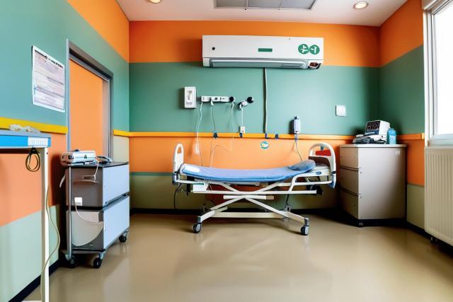 A pediatric emergency room with a small hospital bed, colorful curtains or walls, and a child's medical equipment like a pulse oximeter or IV stand designed for younger patients.