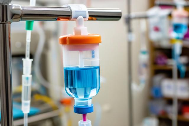 A close-up of a pediatric IV drip line with a brightly colored clamp, used in hospitals for children, with the background softly blurred to suggest a clinical setting while maintaining focus on the device.