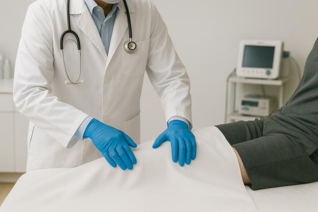 Doctor examining a patient's injured leg for circulation and swelling