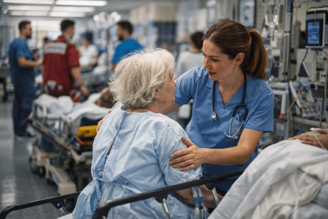nurse assisting patient in crowded emergency room