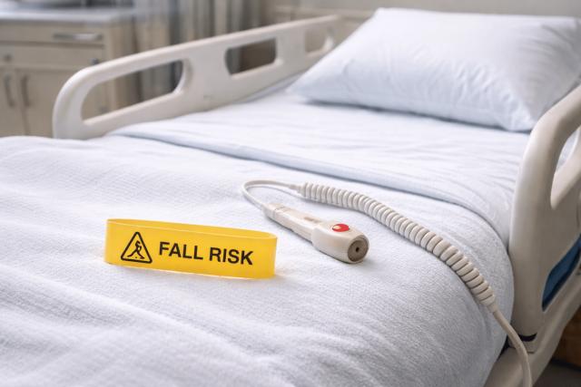 Empty hospital bed with safety items