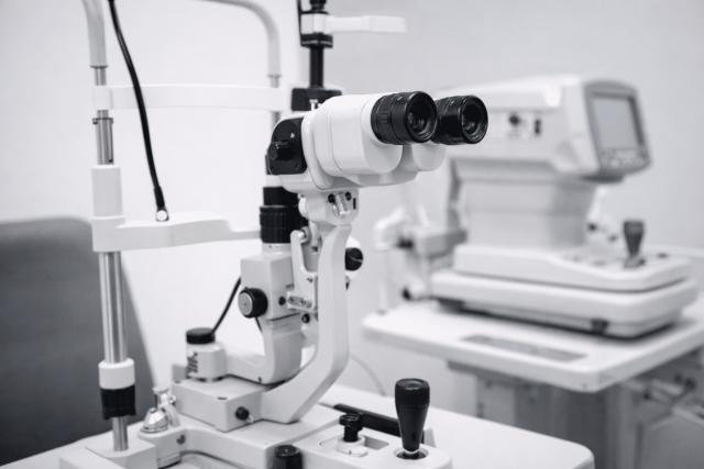 Close up of a slit lamp and ophthalmology examination equipment in an eye clinic exam room