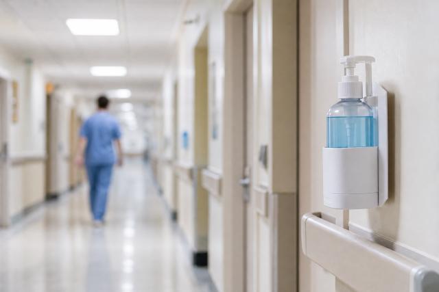 Hospital Corridor With Sanitizing Station And Patient Room Doors