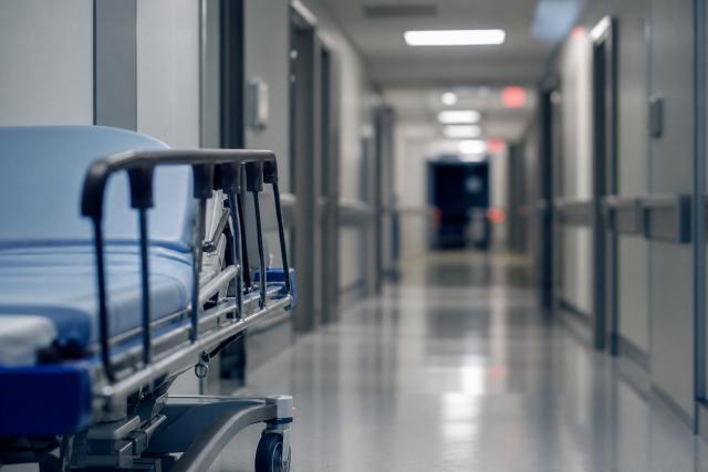 Empty hospital emergency corridor at night with fluorescent lights and closed exam room doors