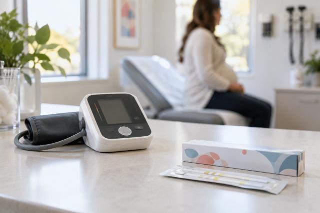 Blood Pressure Monitor And Urine Test Strips In Prenatal Exam Room